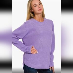 Zenana Outfitters Lavender Crew Neck High Low Waffle Knit  Mid weight Sweater